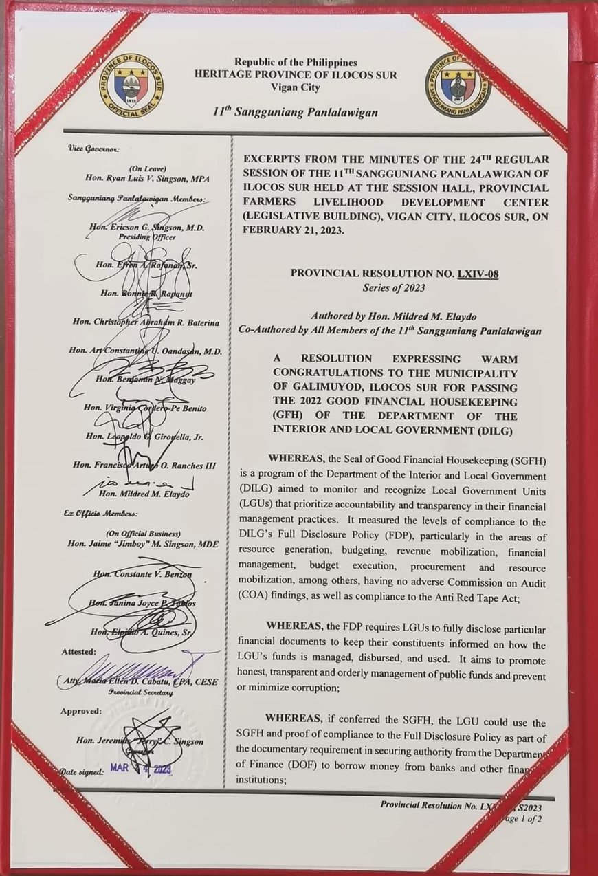 A Resolution from the Sangguniang Panlalawigan of Ilocos Sur Commending the Municipality of Galimuyod for Passing the 2022 Good Financial Housekeeping